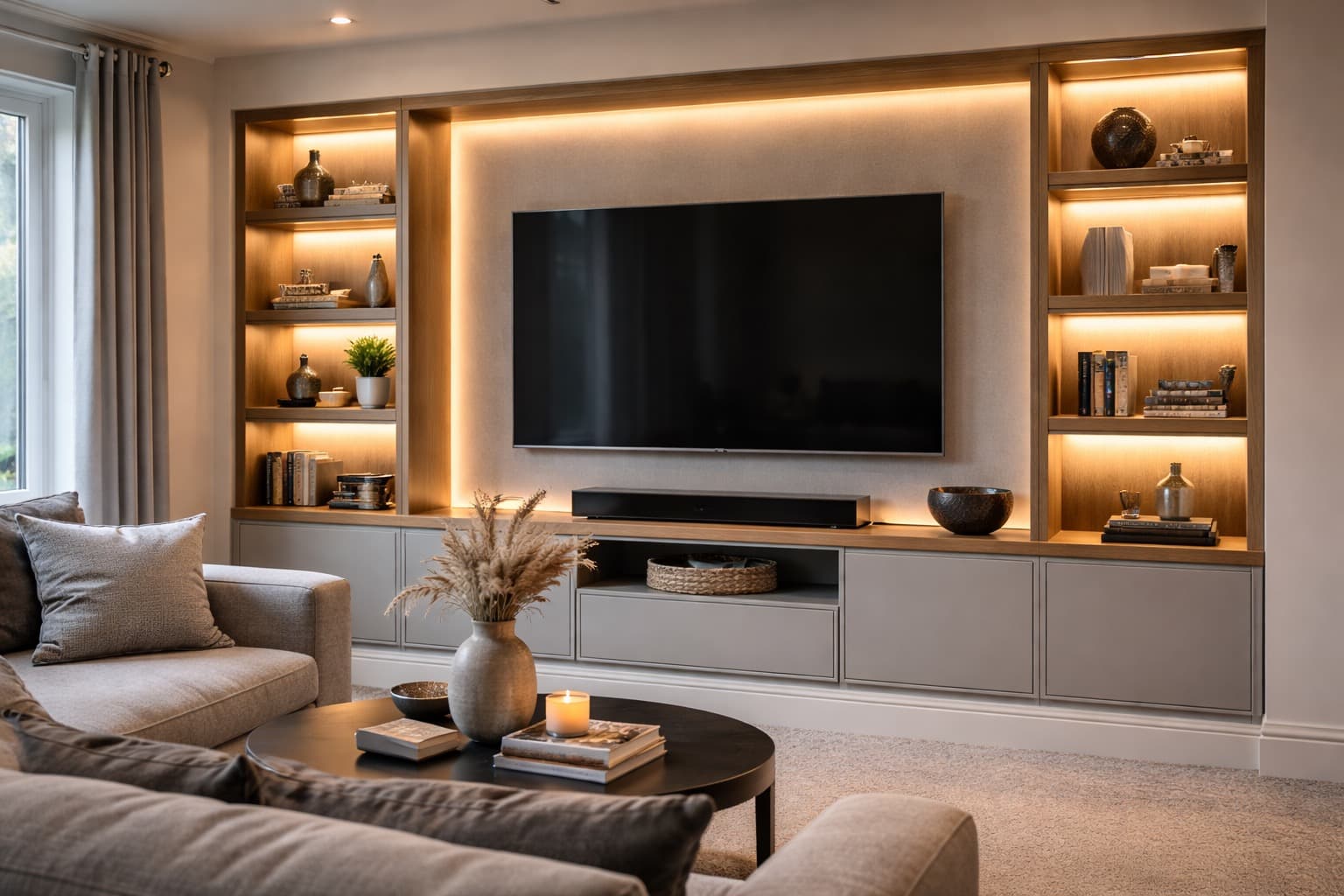Integrated LED shelving and media wall lighting in a finished living space