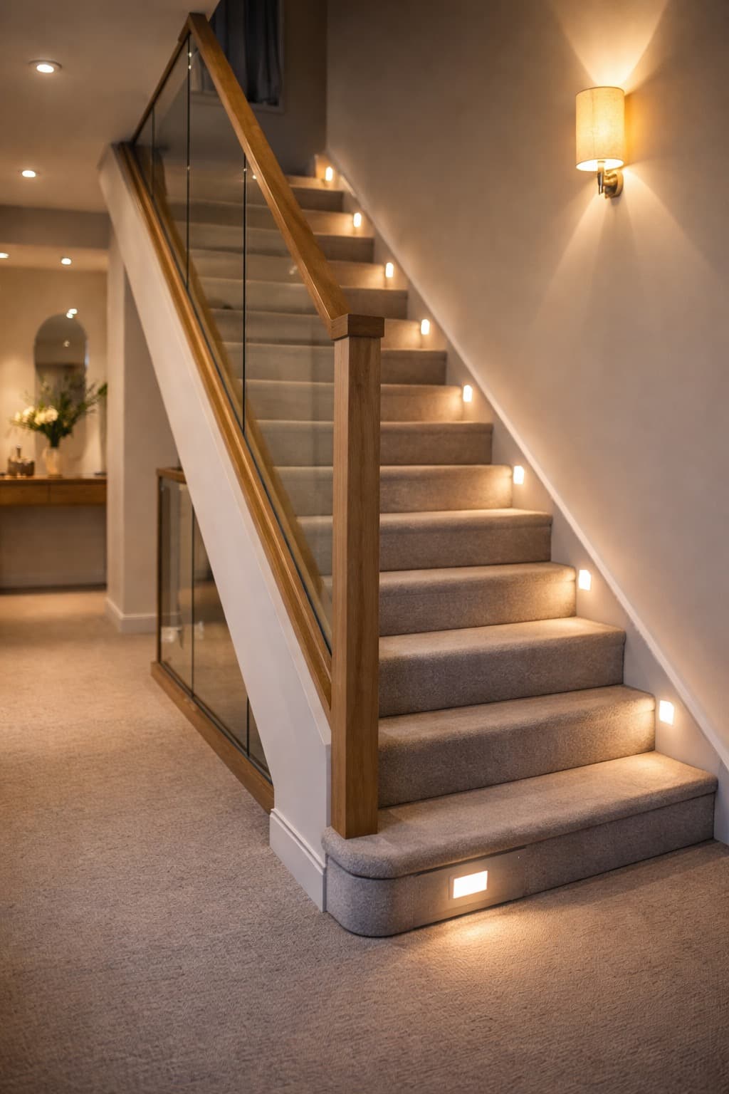 Bespoke stair lighting installation with warm recessed step illumination