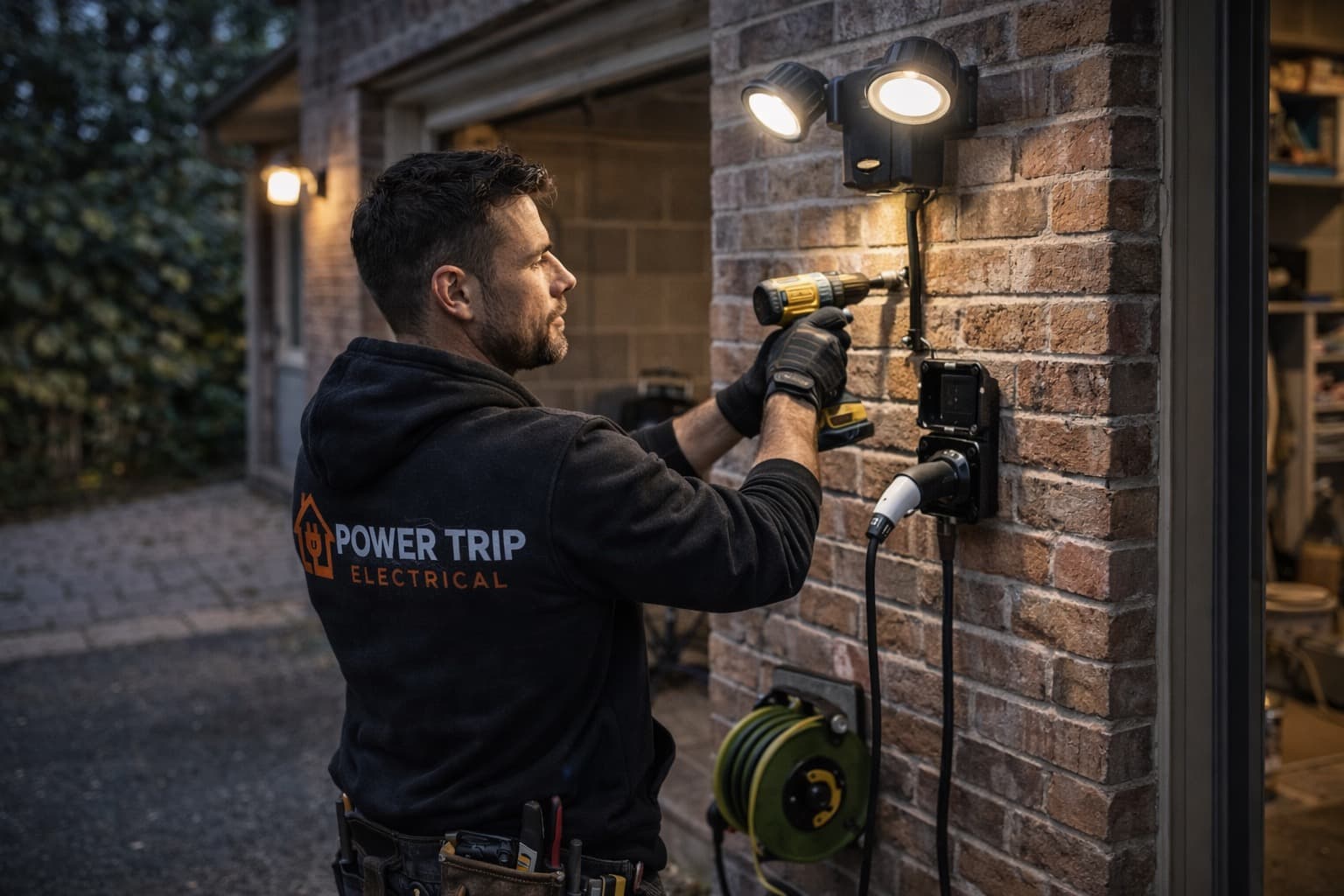 Outdoor lighting installation at dusk