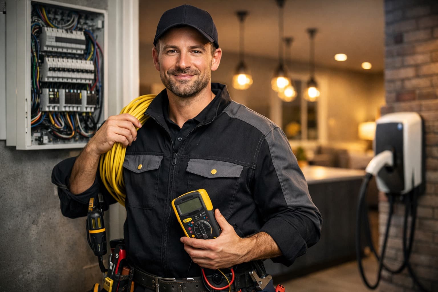 Electrician speaking with customer on site